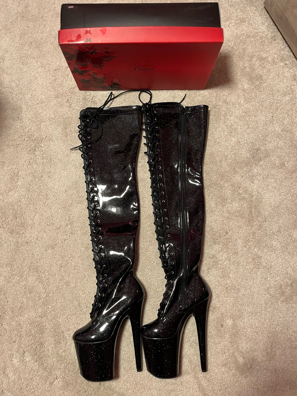 Pleaser Flamingo-3020GP Black Glitter Patent Thigh High Boots 8 Inch Heel Size 7
